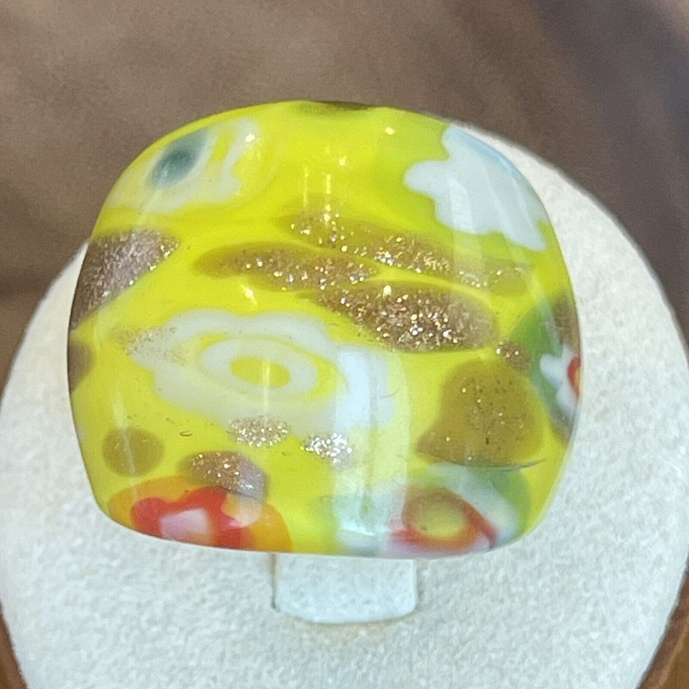 Murano Style Glass Dome Cocktail Ring Size 7 Yellow Gold Metallic Hand Blown